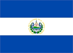 [ai] The flag of El Salvador, featuring three horizontal stripes: blue on the top and bottom, and white in the middle. The coat of arms, depicted in a circle, is centered in the white stripe.